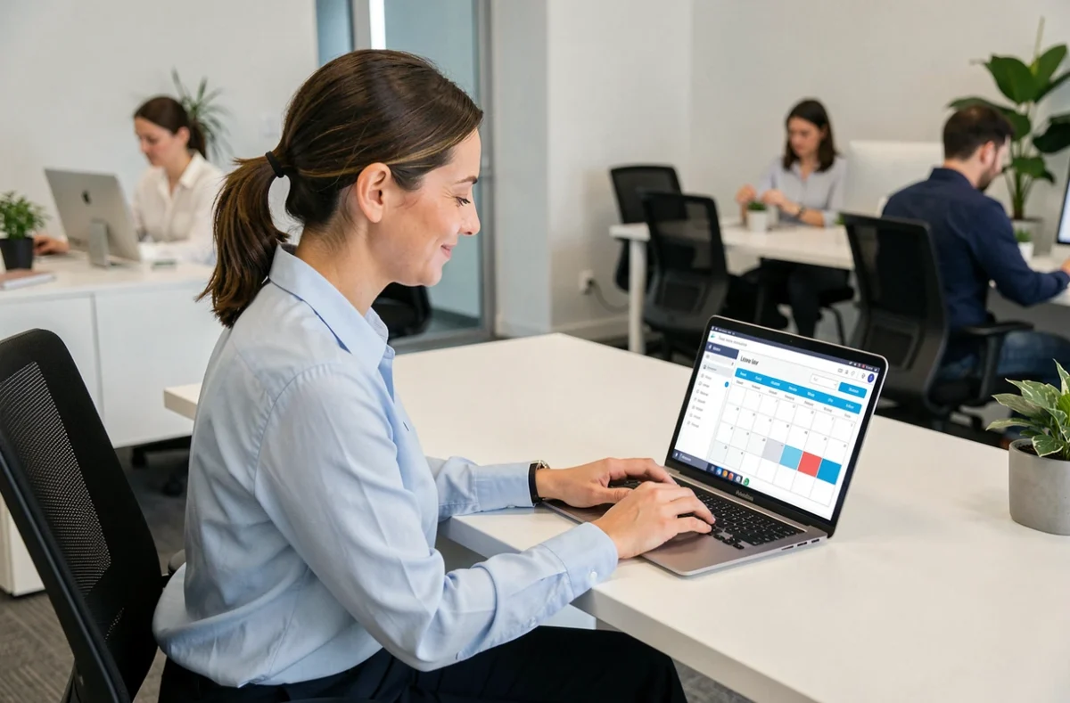 Femme professionnelle utilisant une plateforme RH sur ordinateur portable pour gérer ses demandes de congés au bureau