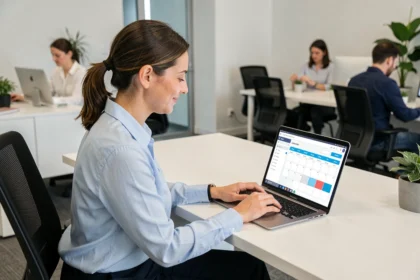Femme professionnelle utilisant une plateforme RH sur ordinateur portable pour gérer ses demandes de congés au bureau