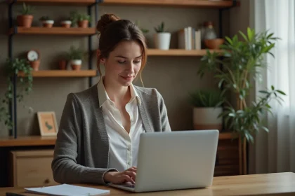 Femme au bureau utilisant un ordinateur pour remplir un formulaire