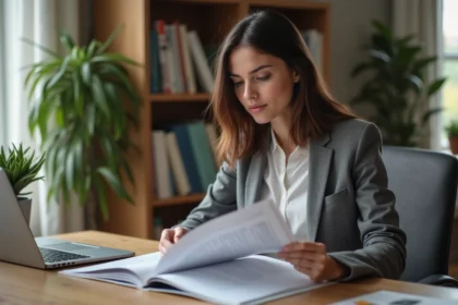 Jeune femme lisant un guide d'affaires dans un bureau moderne