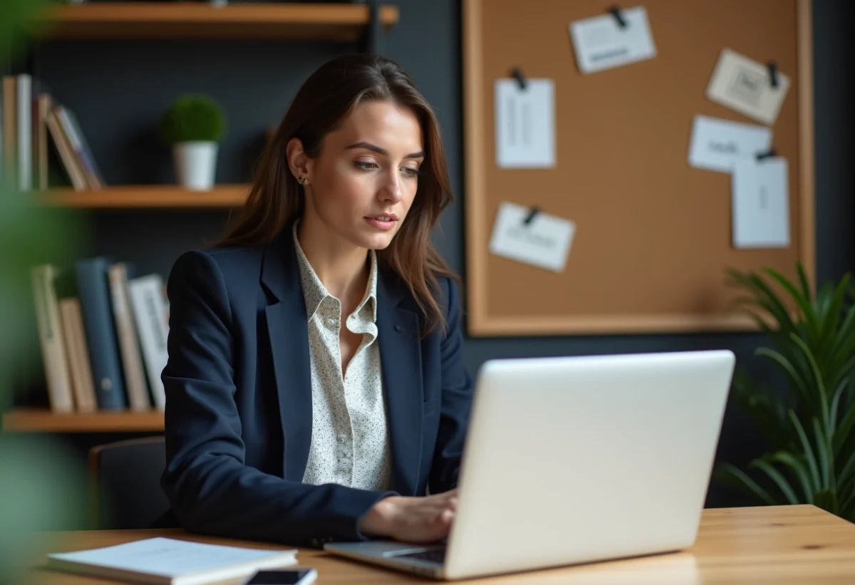 Jeune femme française travaillant sur un ordinateur dans un espace moderne