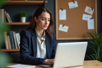 Jeune femme française travaillant sur un ordinateur dans un espace moderne