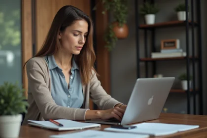 Femme au bureau regardant son ordinateur portable