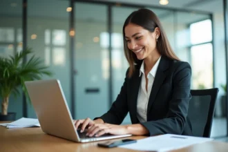 Femme professionnelle travaillant sur son ordinateur dans un bureau lumineux