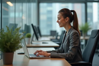 Femme au bureau en tenue professionnelle travaillant sur son ordinateur