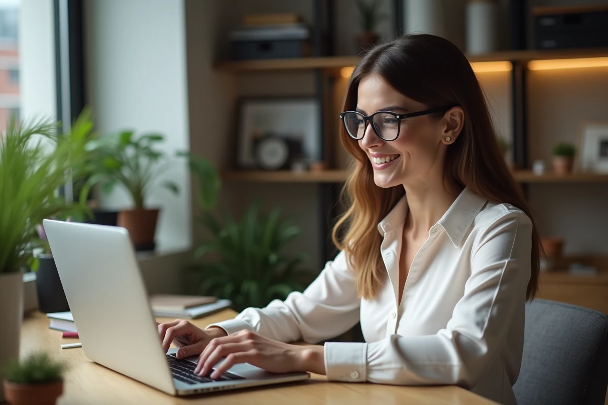 Femme organisée avec ordinateur dans un bureau moderne