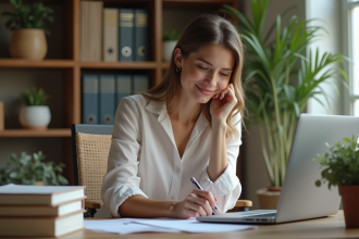 Jeune femme concentrée à son bureau à domicile
