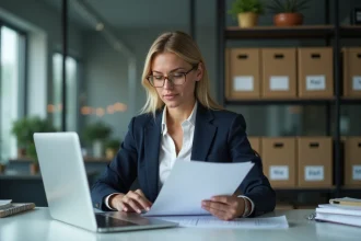 Femme professionnelle en bureau organisant des documents