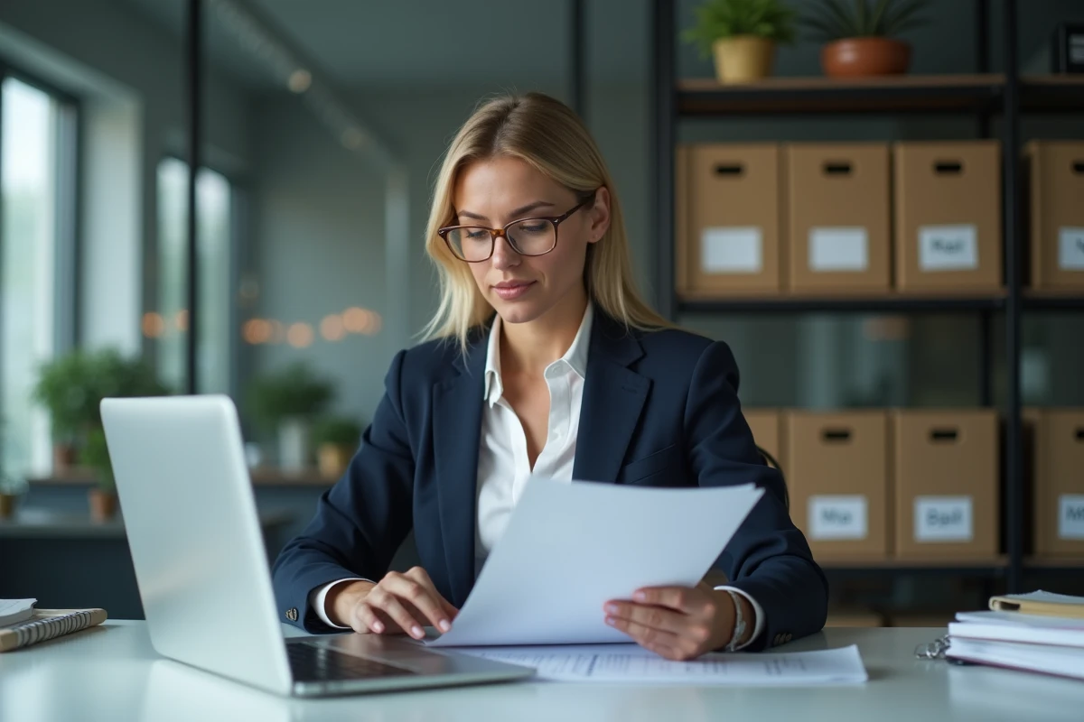 Femme professionnelle en bureau organisant des documents