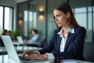 Femme professionnelle utilisant un ordinateur portable en bureau