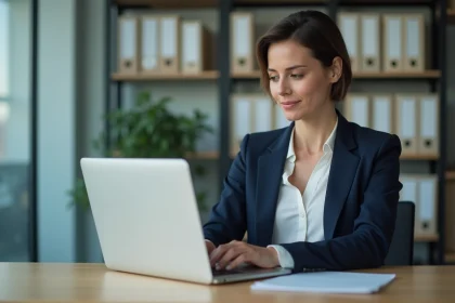 Femme en bureau moderne utilisant un ordinateur portable