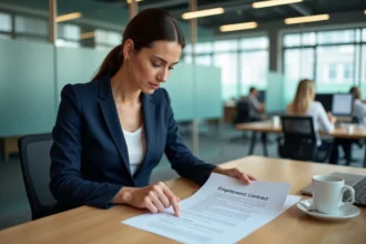 Femme cadre en blazer marine qui examine son contrat de travail dans un bureau moderne, illustrant l'évolution du salaire contractuel en 2026