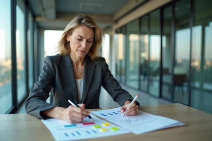 Femme cadre comparant deux stratégies de croissance d'entreprise sur des documents imprimés dans un bureau moderne