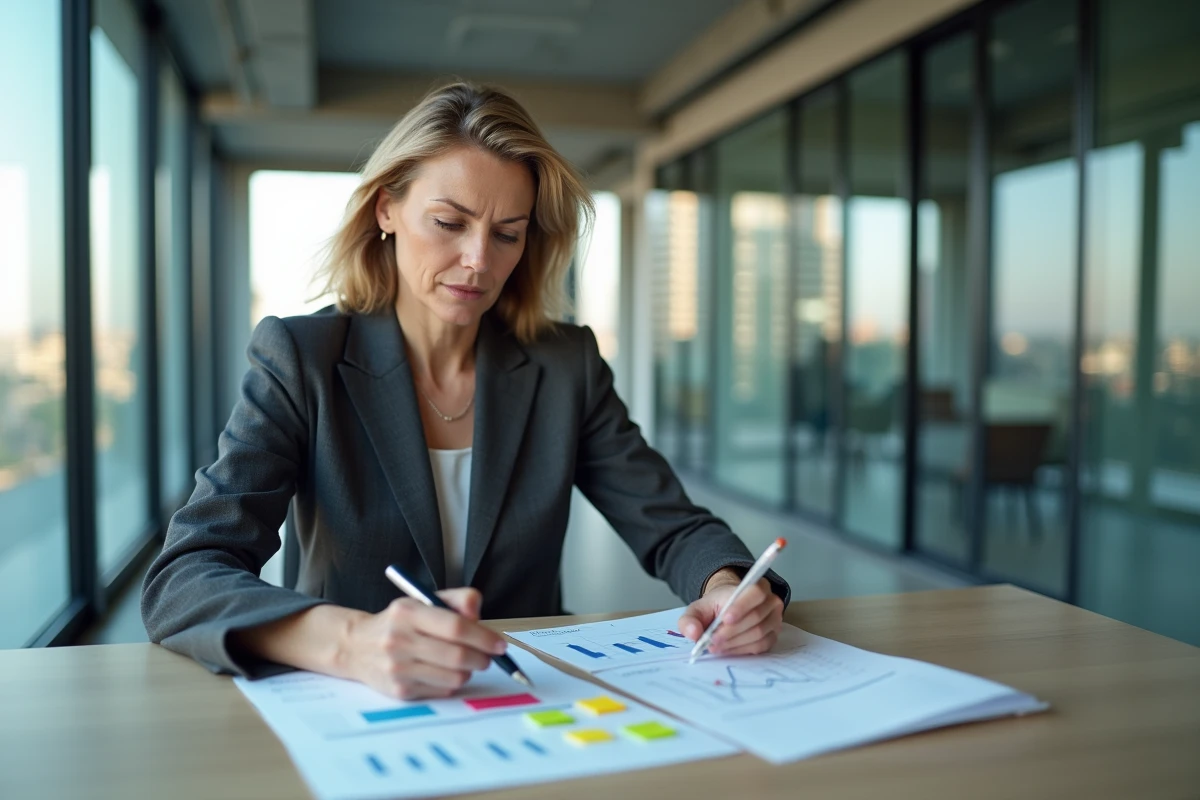 Femme cadre comparant deux stratégies de croissance d'entreprise sur des documents imprimés dans un bureau moderne