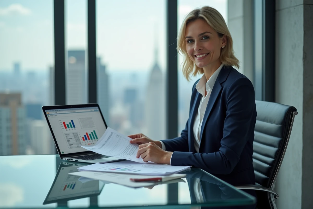 Femme cadre supérieure en costume bleu marine analysant des documents financiers dans un bureau moderne avec vue sur la ville