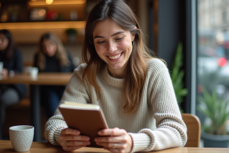 Femme souriante avec carnet dans un cafe