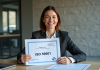 Femme d'affaires souriante avec certificat iso 50001