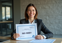 Femme d'affaires souriante avec certificat iso 50001