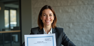 Femme d'affaires souriante avec certificat iso 50001