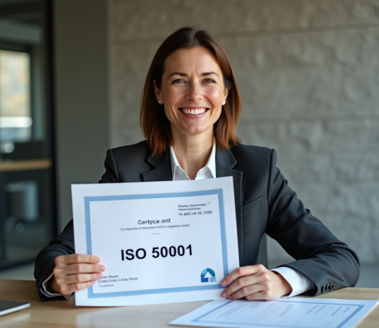 Certification ISO 50001 : définition, avantages et objectifs à connaître Femme d'affaires souriante avec certificat iso 50001