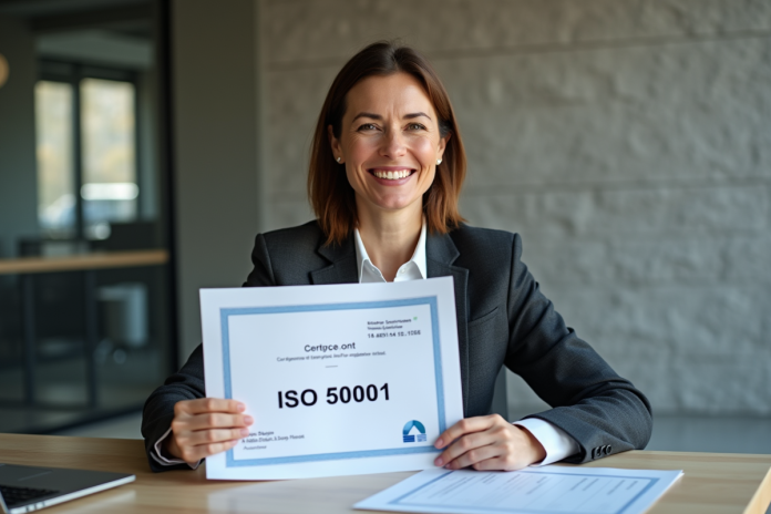 femme-certificat-iso-50001 Femme d'affaires souriante avec certificat iso 50001