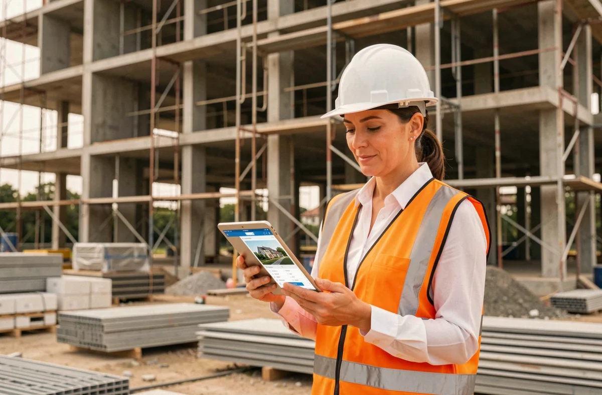 Femme chef de projet sur un chantier de construction consultant une application de gestion immobilière sur tablette