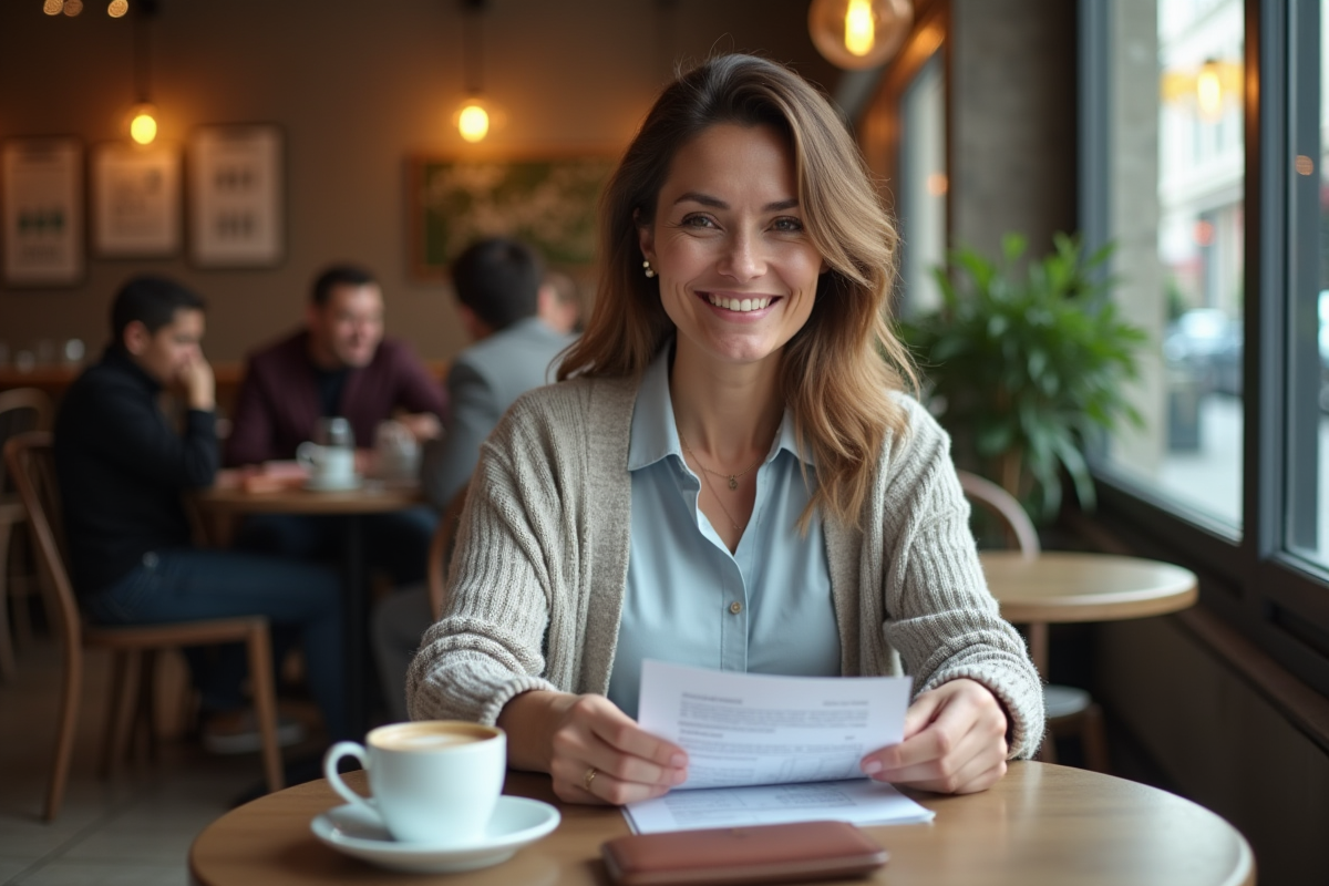 Femme comptable souriante vérifiant ses documents au café
