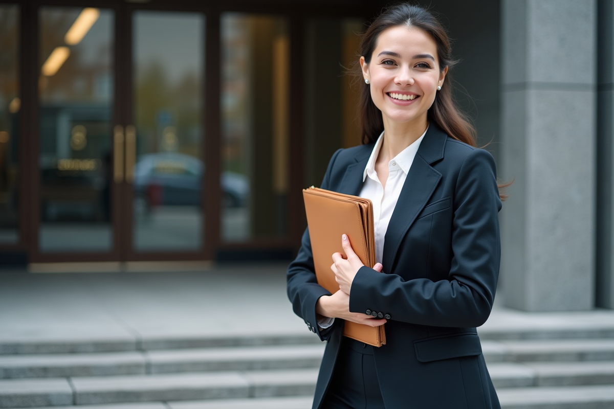 Femme confiante en costume dans un bâtiment officiel
