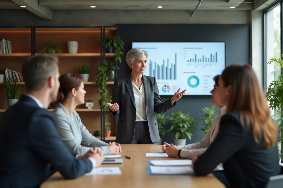 Femme consultante senior présentant une stratégie à une équipe dans un bureau de conseil contemporain à l'atmosphère professionnelle