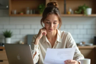 Femme consultant des documents de subventions vacances CSE LOXAM à la maison