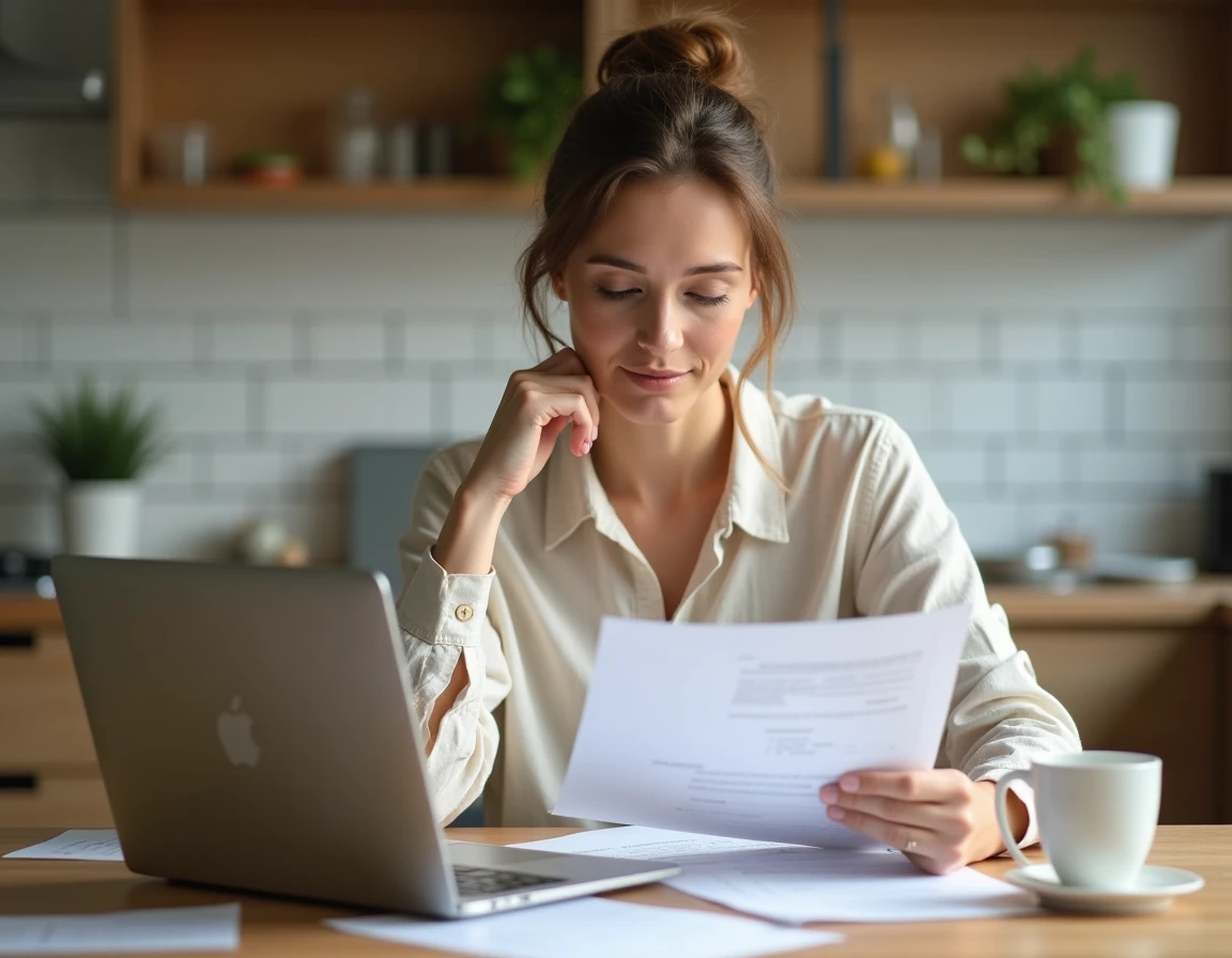 Femme consultant des documents de subventions vacances CSE LOXAM à la maison