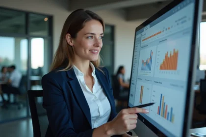 Femme professionnelle consultant un tableau de bord CRM avec tunnel de vente dans un bureau moderne