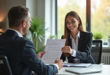 Femme d'affaires remettant une lettre de démission dans un bureau moderne
