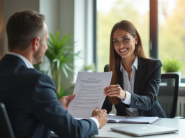 Femme d'affaires remettant une lettre de démission dans un bureau moderne