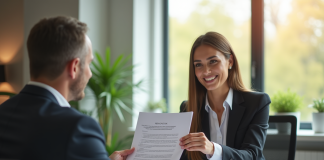 Femme d'affaires remettant une lettre de démission dans un bureau moderne
