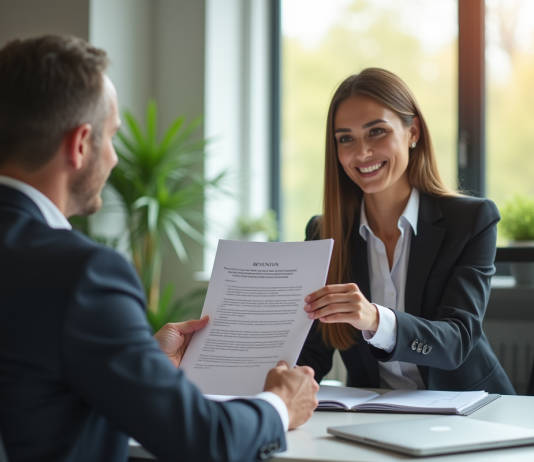 Démissionner d’un CDI sans perdre ses droits : conseils efficaces et pratiques Femme d'affaires remettant une lettre de démission dans un bureau moderne
