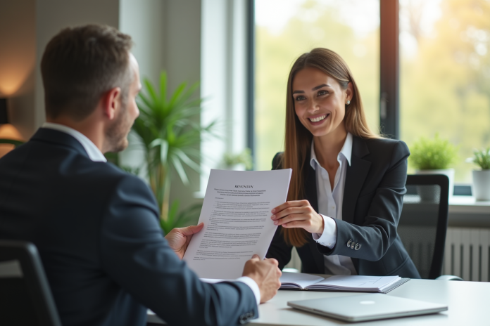 Femme d'affaires remettant une lettre de démission dans un bureau moderne
