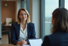 Femme dirigeante confiante en réunion dans un bureau moderne