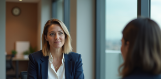 Femme dirigeante confiante en réunion dans un bureau moderne