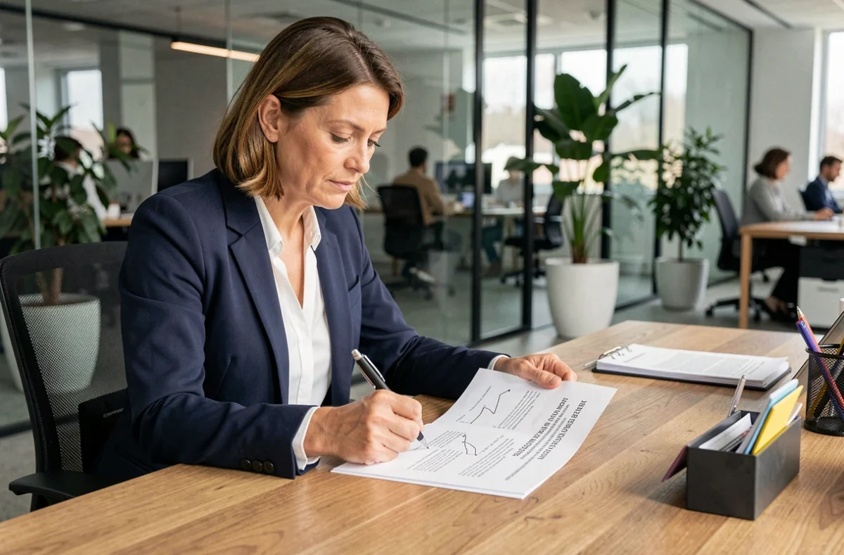 Femme entrepreneureure professionnelle en blazer marine analysant un devis commercial sur son bureau en chêne dans un bureau moderne