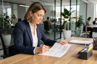 Femme entrepreneureure professionnelle en blazer marine analysant un devis commercial sur son bureau en chêne dans un bureau moderne