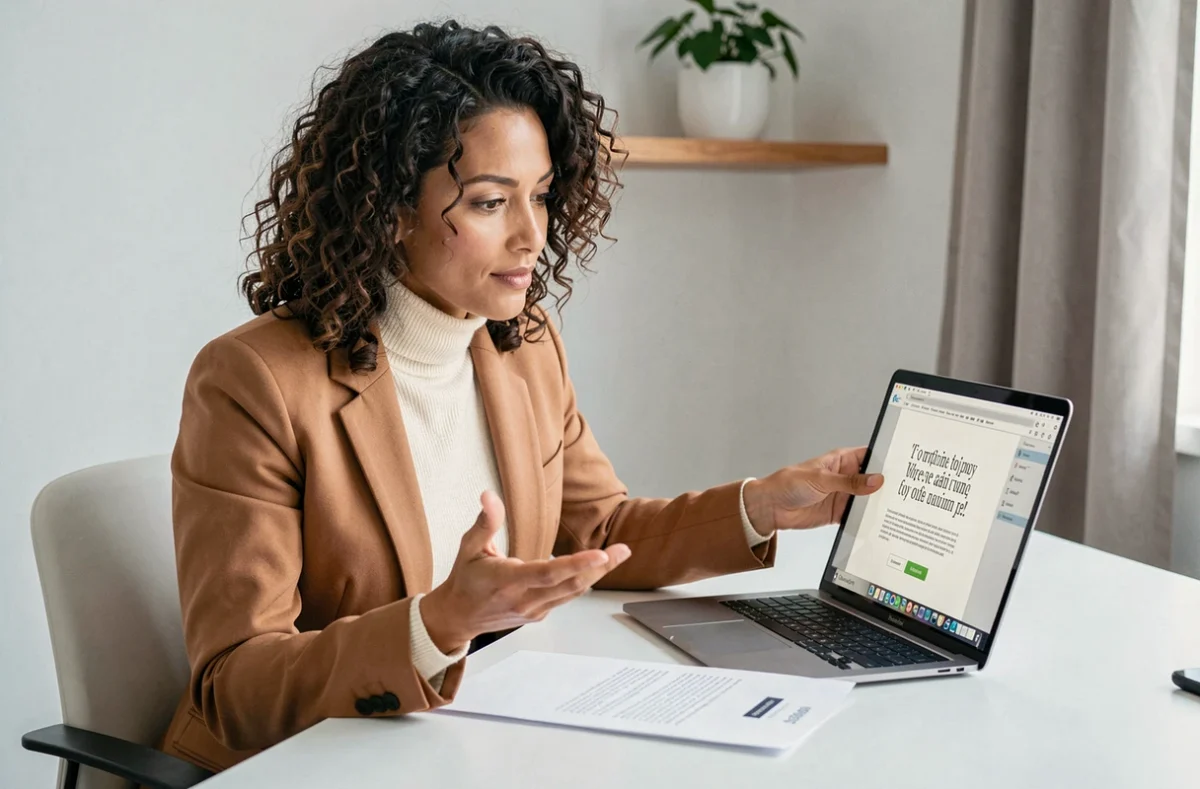 Femme entrepreneure en blazer camel travaillant sur un modèle de devis professionnel sur ordinateur portable dans un bureau épuré à domicile