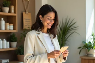 Femme consultant une étiquette produit responsable dans un espace de vente éco-conçu, illustrant le marketing à impact consommateur et la RSE