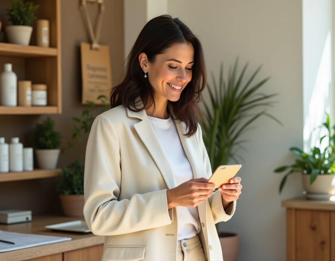 Femme consultant une étiquette produit responsable dans un espace de vente éco-conçu, illustrant le marketing à impact consommateur et la RSE