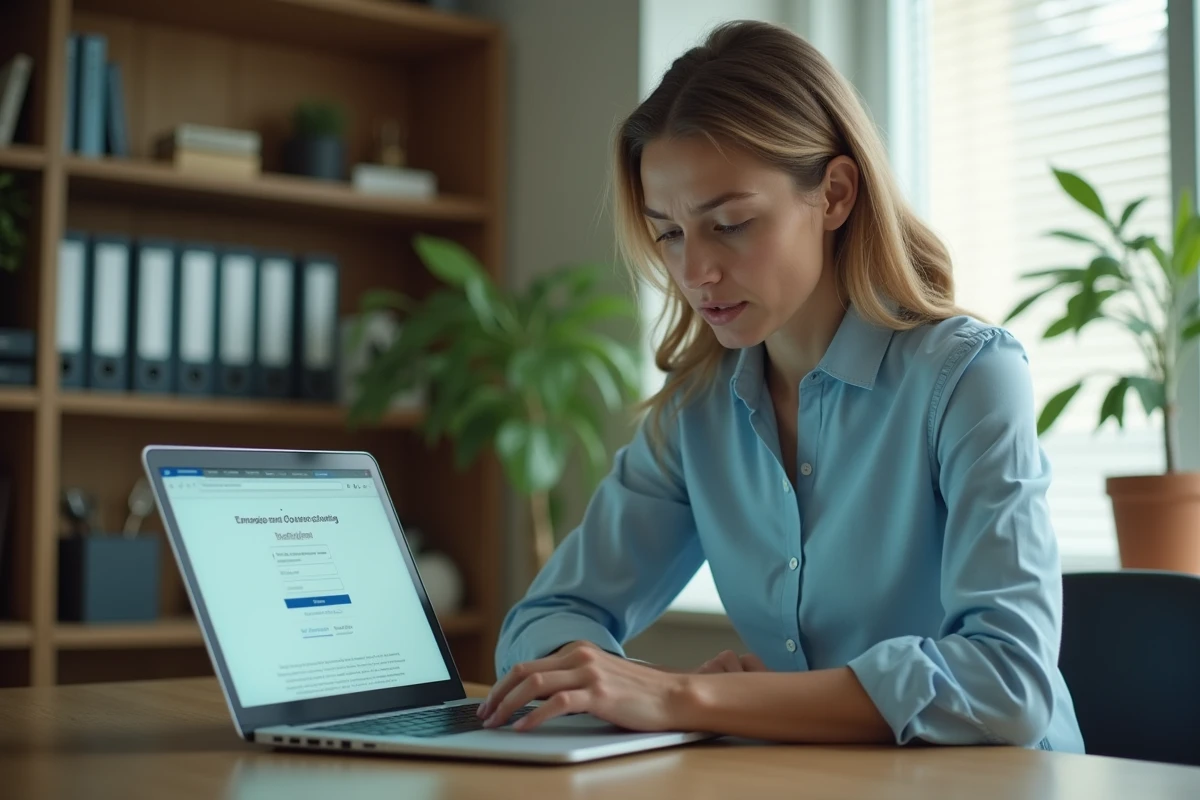 Femme fonctionnaire devant un écran d'ordinateur affichant une erreur de connexion au portail ENSAP de l'Éducation Nationale