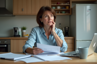 Femme d'âge moyen examinant des papiers dans sa cuisine