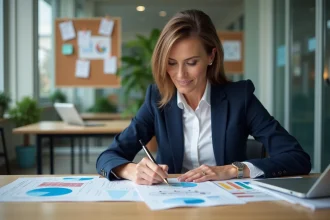 Femme en businesscasual analyse des graphiques colorés