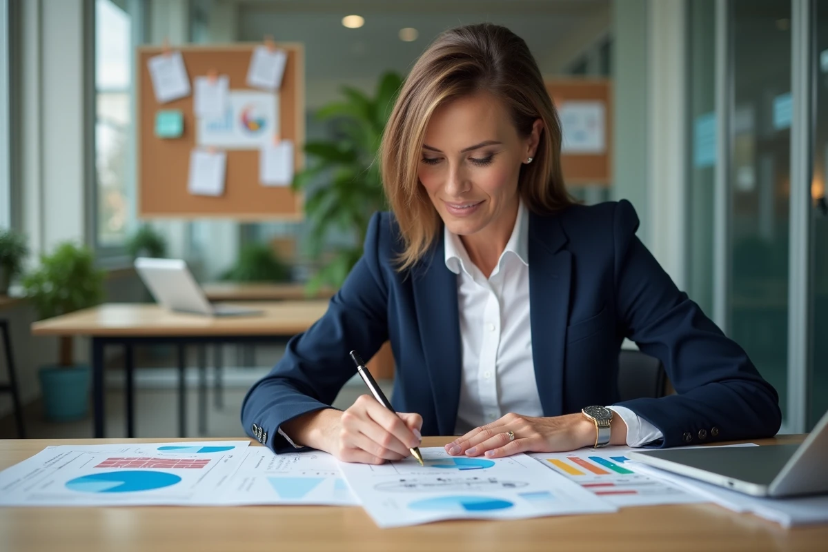 Femme en businesscasual analyse des graphiques colorés