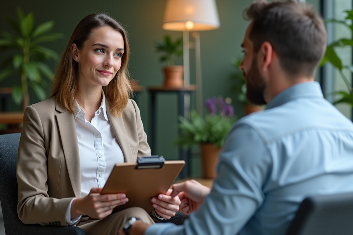 Jeune femme interviewant un collègue dans un espace de travail