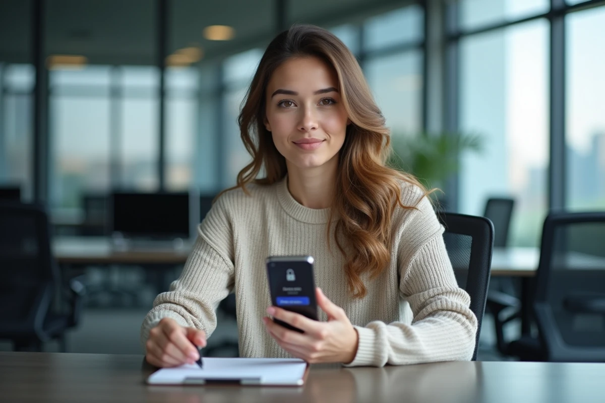Femme en réunion utilisant un smartphone pour la securite digitale